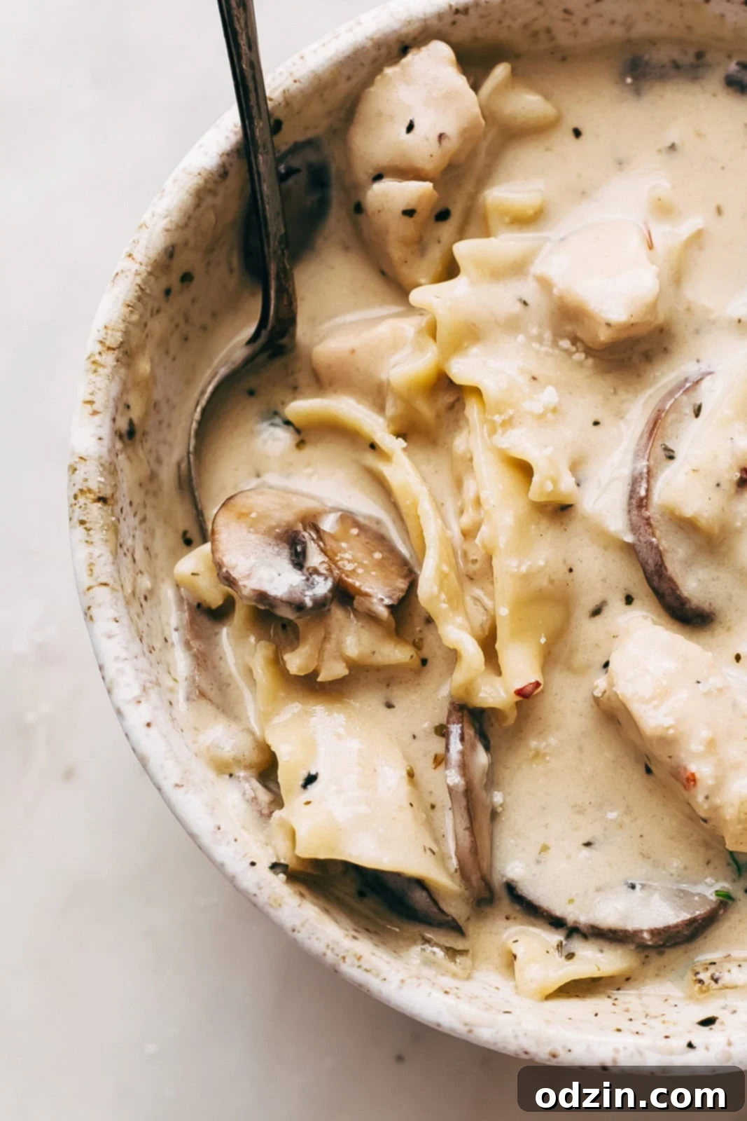 Creamy Roasted Garlic White Chicken Lasagna Soup with tender mushrooms and lasagna noodles