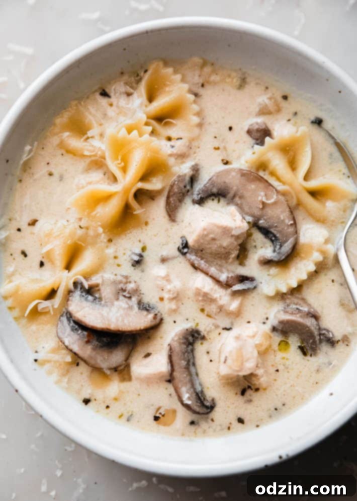 Bowl of Roasted Garlic White Chicken Lasagna Soup garnished with parmesan and fresh herbs