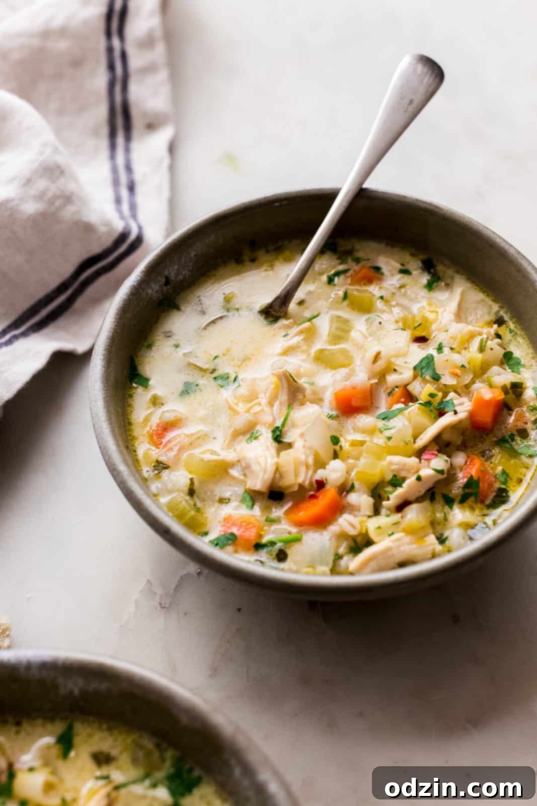 Sunshine Lemon Chicken Barley Soup 3 side shot showing bowl with spoon of chicken barley soup with carrots and celery visible