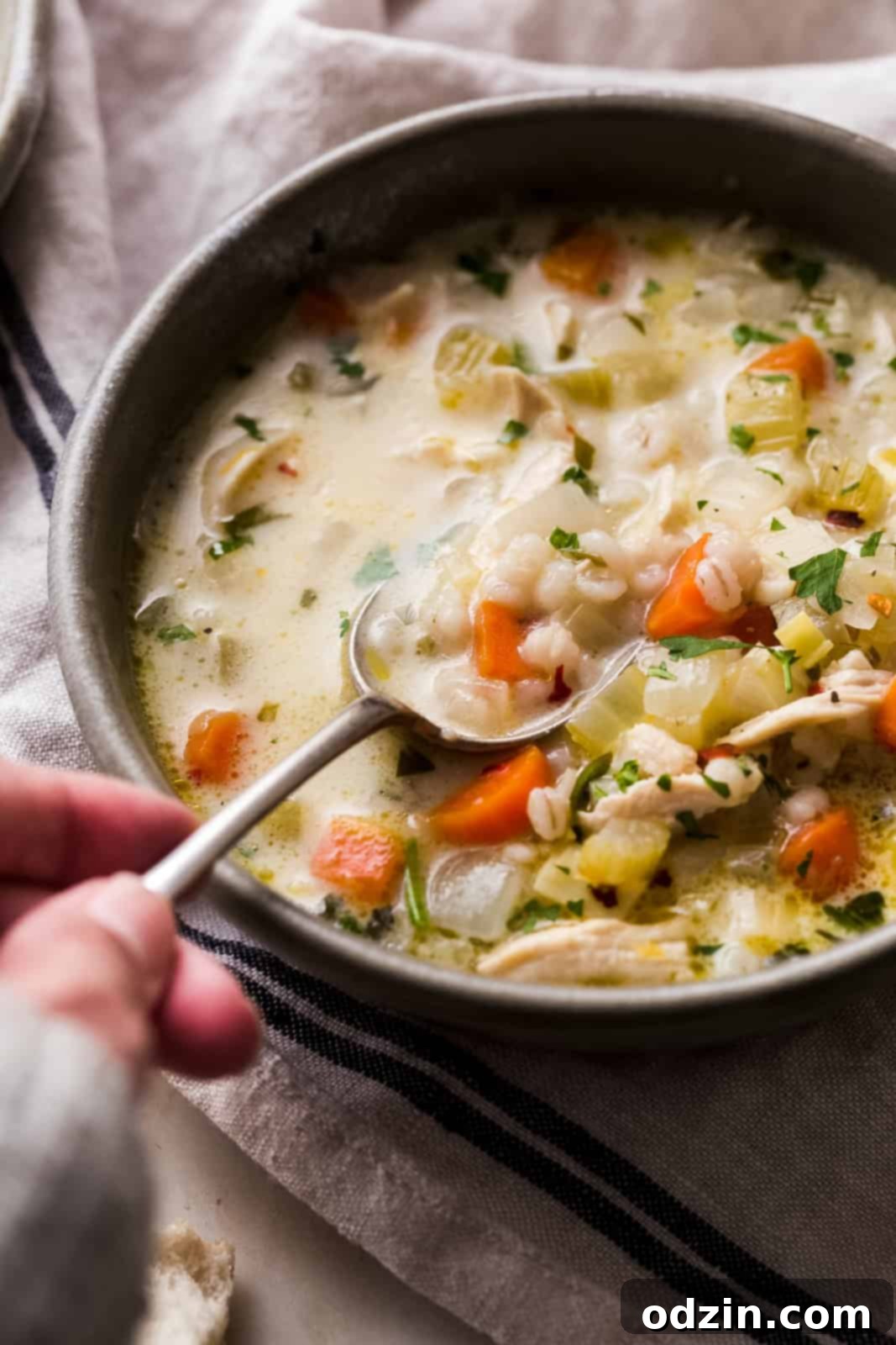 Sunshine Lemon Chicken Barley Soup 5 spoon lifting prepared soup from bowl