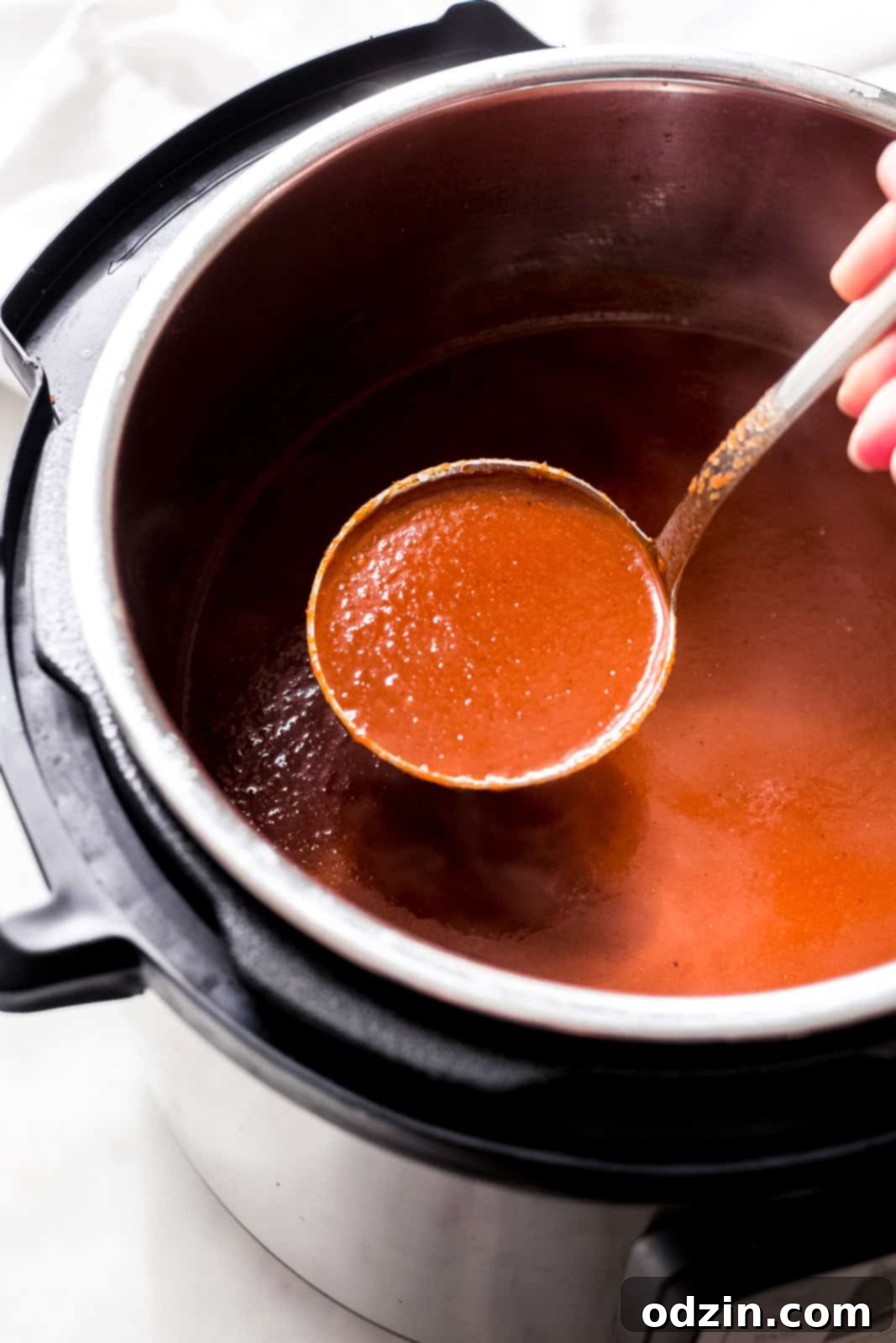 ladleful of tortilla soup being lifted from instant pot