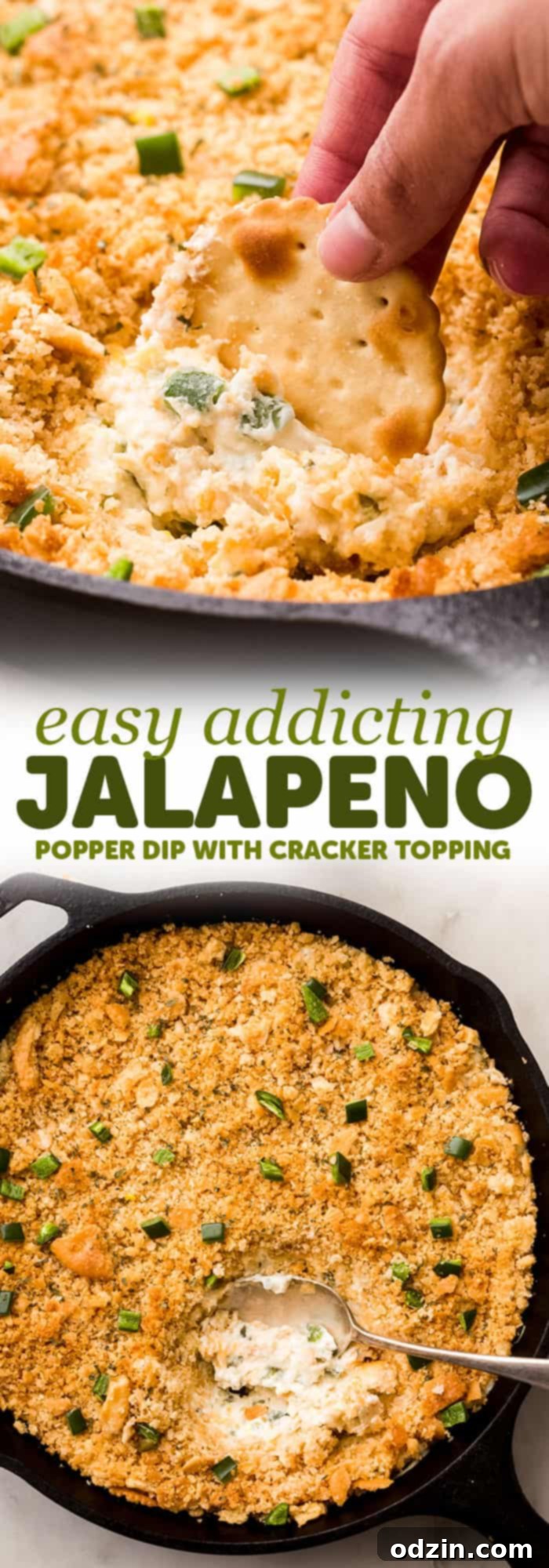 Addicting Jalapeño Popper Dip Pinterest Image - two images joined together with description of the dip for social sharing, ideal for #jalapenopopperdip #dips #appetizers #gameday #superbowl #footballfood #holiday