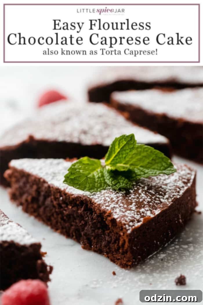 Two images combined for Pinterest: Caprese Cake slices with text promoting the flourless, gluten-free recipe