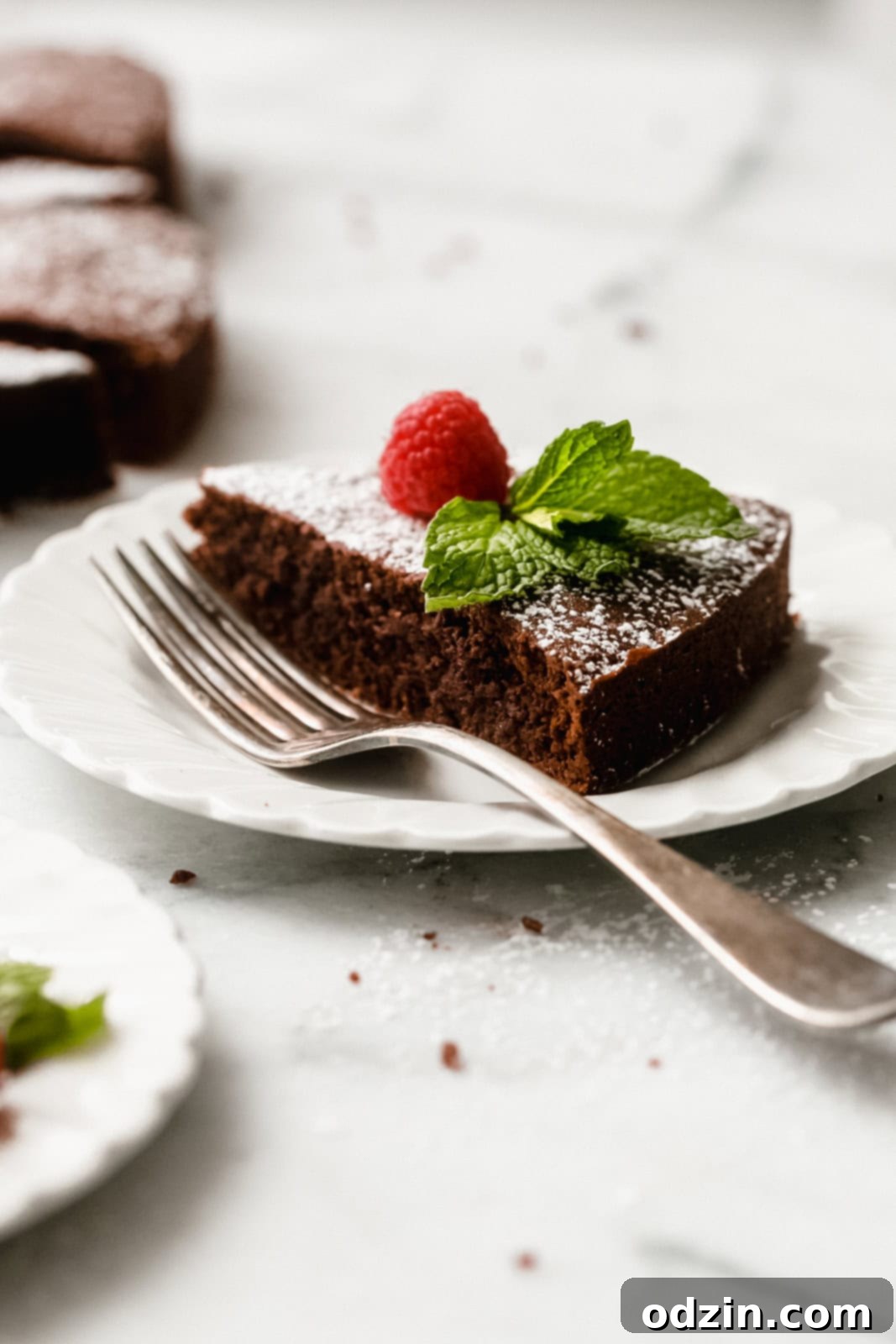 Caprese Flourless Chocolate Cake 9 plate with fork and a slice of chocolate cake topped with powdered sugar, raspnberry, and mint