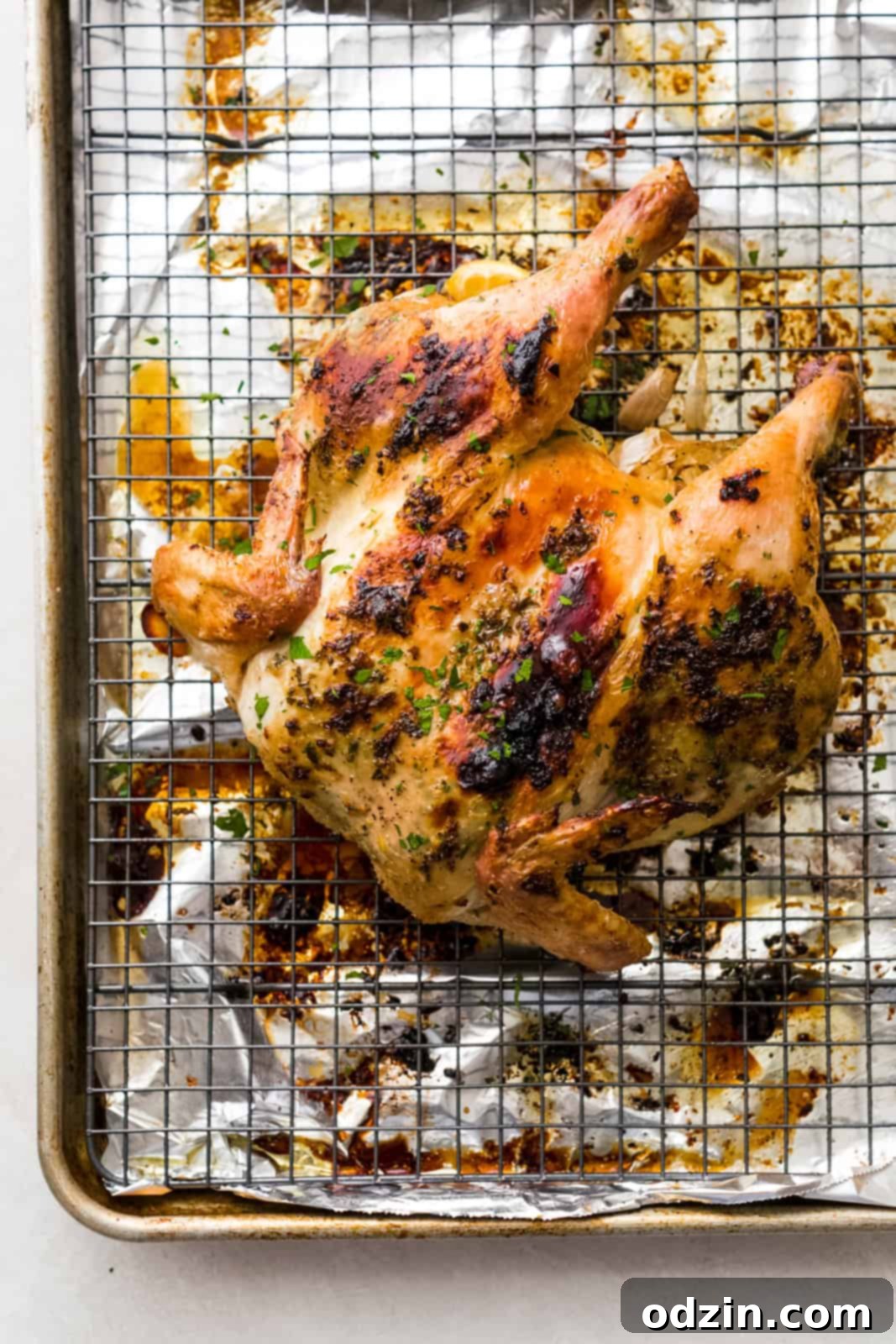 A whole roasted spatchcock chicken resting on a wire rack over a foil-lined sheet pan, showcasing its golden-brown, crispy skin.