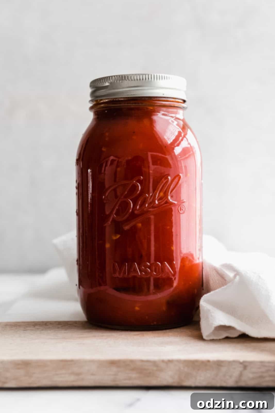 Arrabbiata sauce in glass jar filled and capped on wood surface on marble