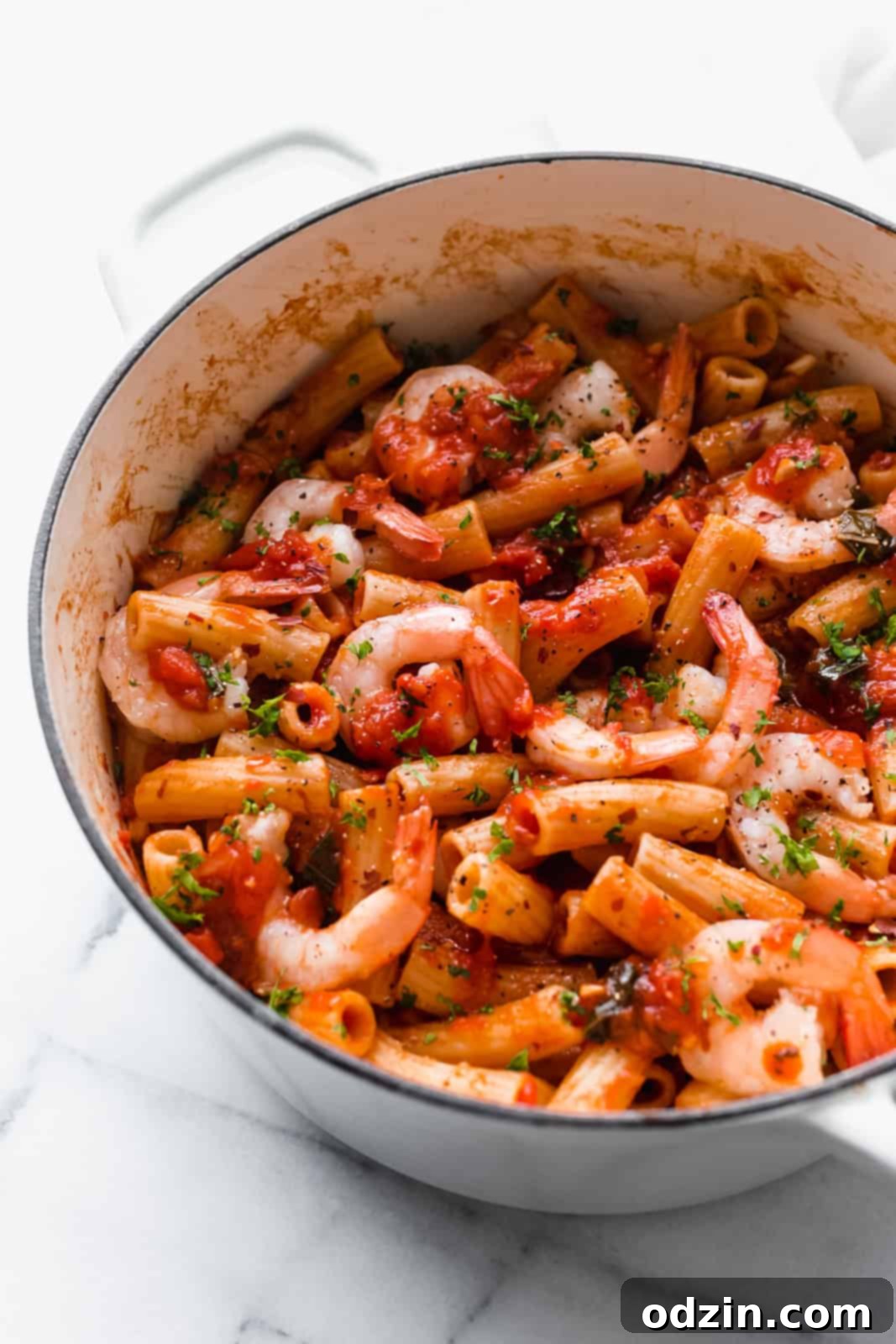 pasta with shrimp tossed with spicy tomato sauce and topped with parsley in cast iron pot