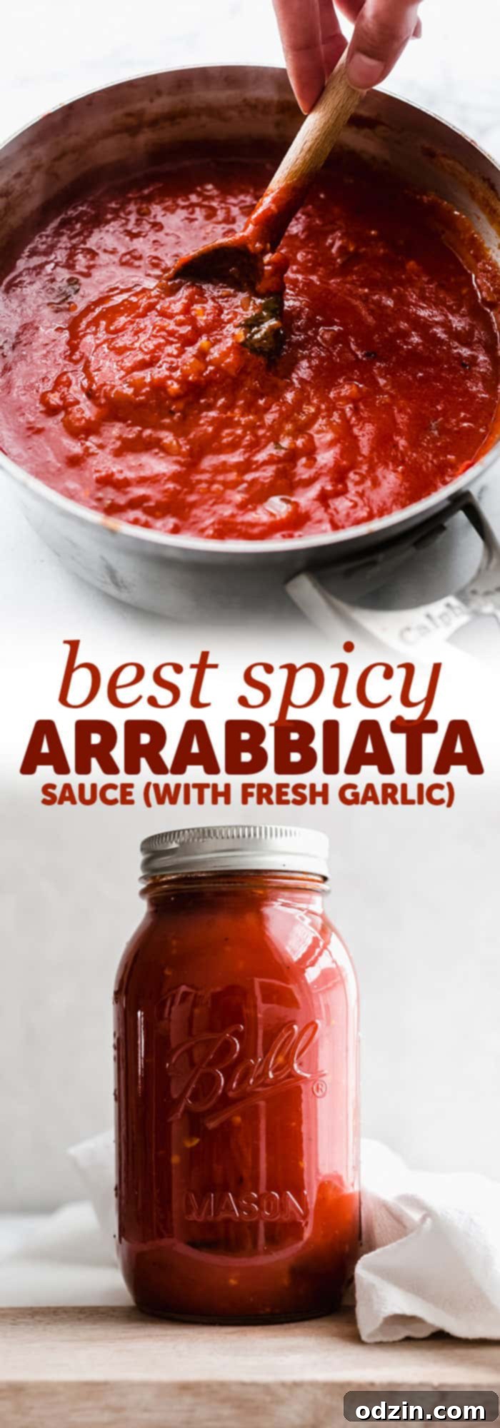 Long Pinterest pin featuring two hero images of arrabbiata sauce and pasta, designed for sharing.