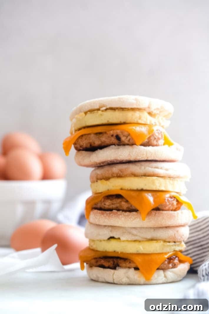 Ultimate Make-Ahead Chicken Sausage Egg and Cheese Sandwiches 2 Stack of delicious homemade freezer breakfast sandwiches on a white marble surface, ready for meal prep.