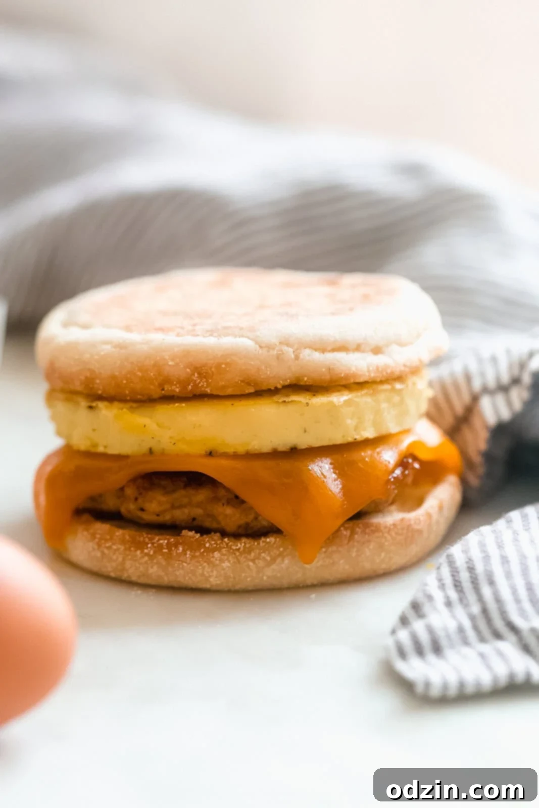 Ultimate Make-Ahead Chicken Sausage Egg and Cheese Sandwiches 3 Close-up of an English muffin breakfast sandwich with homemade chicken sausage, melted cheddar cheese, and fluffy eggs.