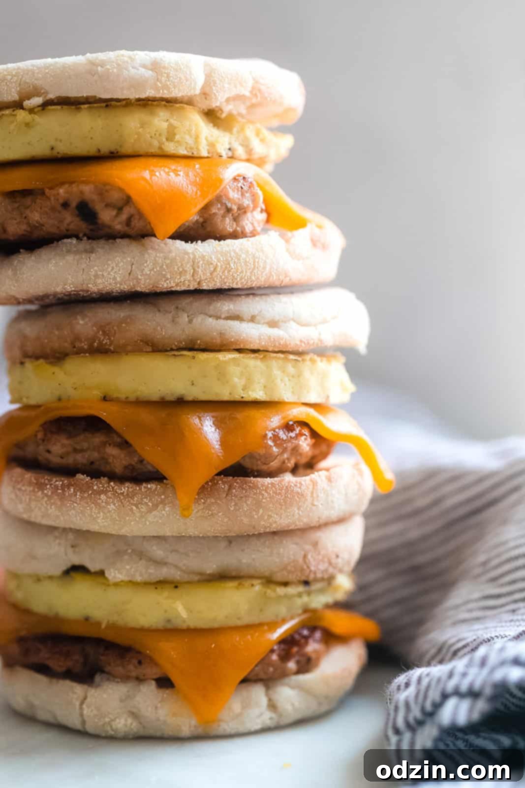 Ultimate Make-Ahead Chicken Sausage Egg and Cheese Sandwiches 5 A close-up stack of three homemade chicken sausage, egg, and cheese breakfast sandwiches, neatly prepared.