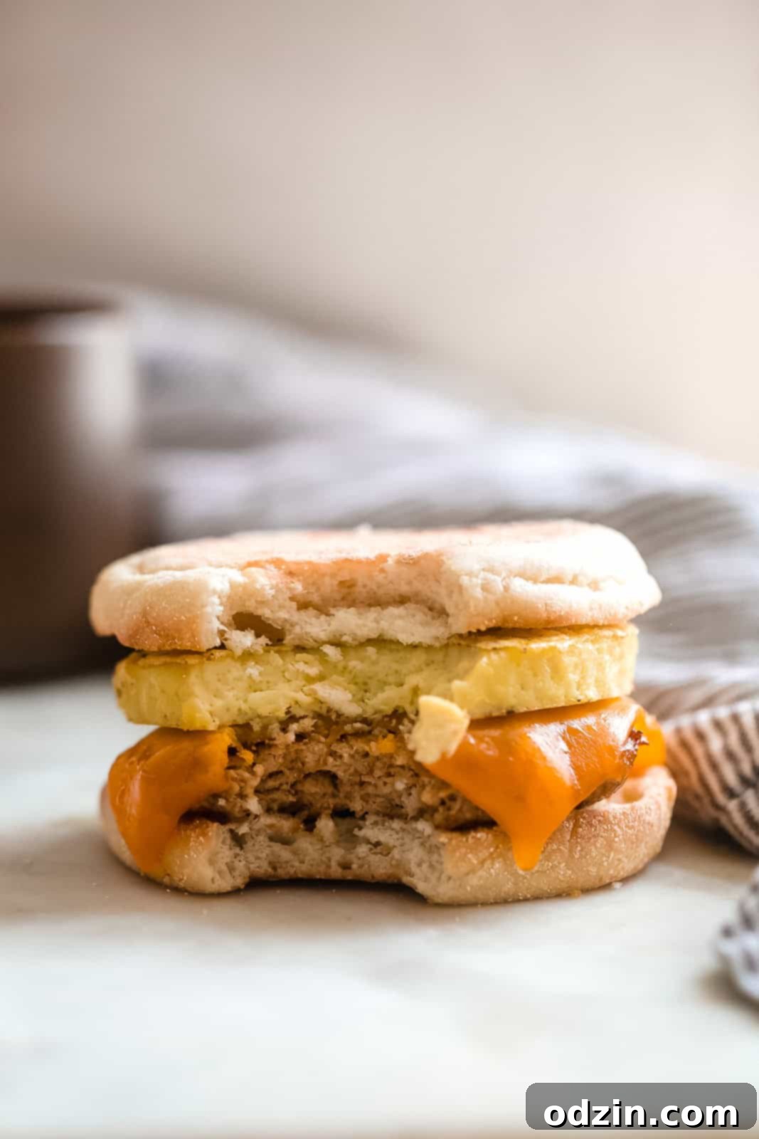 Ultimate Make-Ahead Chicken Sausage Egg and Cheese Sandwiches 6 A delicious homemade chicken sausage breakfast sandwich with a bite missing, showcasing the layers of egg, cheese, and sausage.