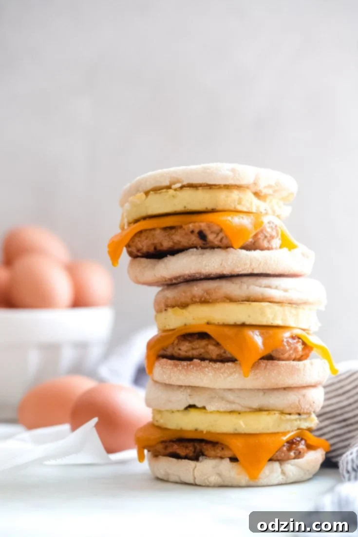 Freezer Breakfast Sandwiches with Chicken Sausage, Egg, and Cheese pin image