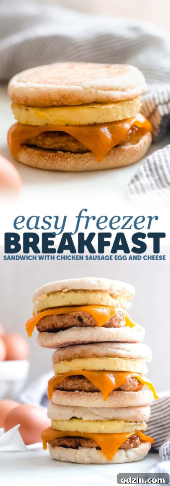 Long Pinterest-optimized image for homemade freezer breakfast sandwiches with chicken sausage, egg, and cheese. They're ready to go when you are – freezer and refrigerator friendly!