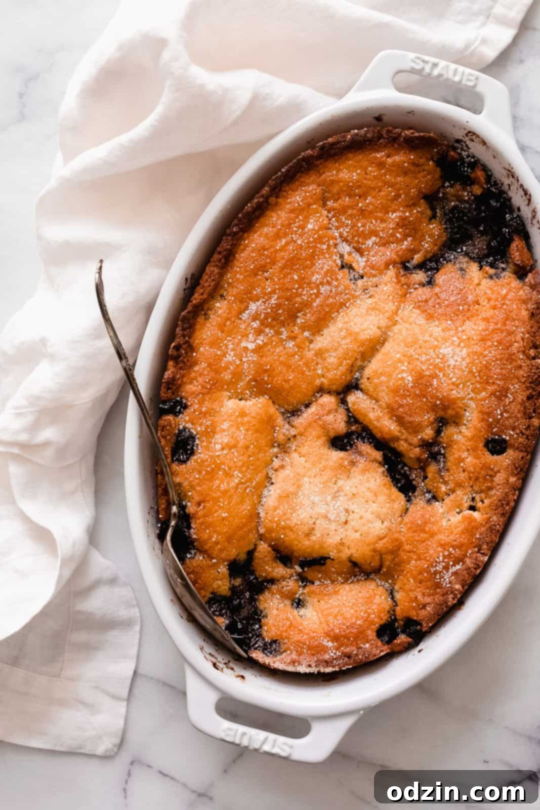 Effortless Texas Blueberry Cobbler 5 spoon resting in white oval dish holding the cobbler