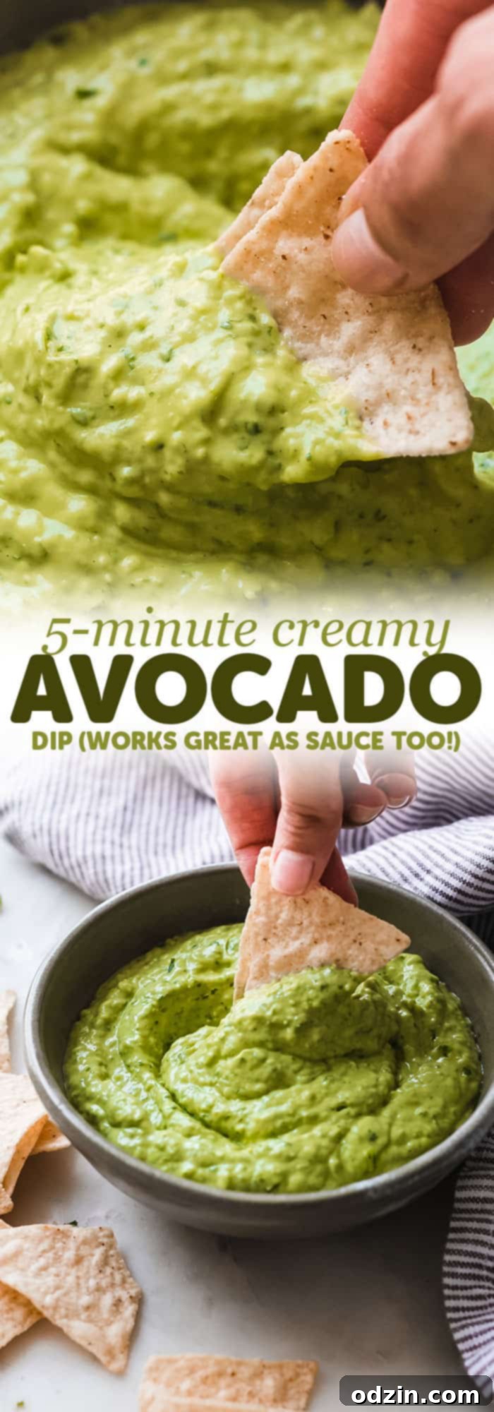 Long Pinterest pin featuring two hero images of the creamy avocado dip with text overlays, designed for sharing.