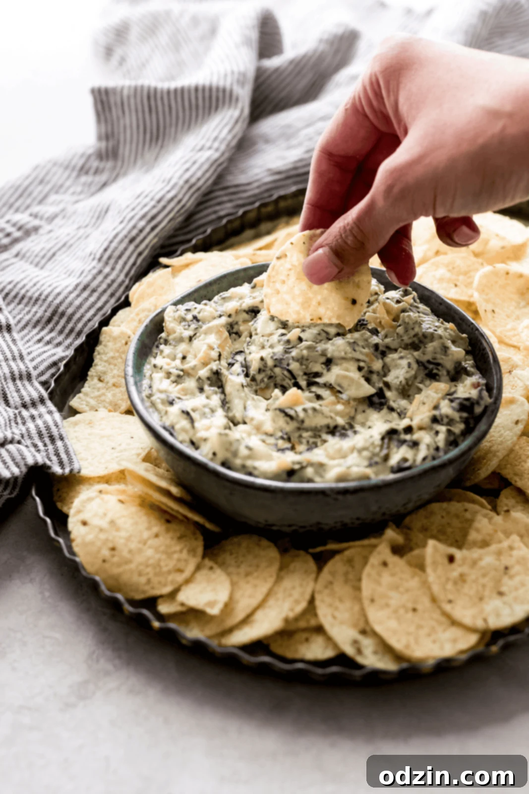 dipping a tortilla chip in prepared spinach artichoke dip