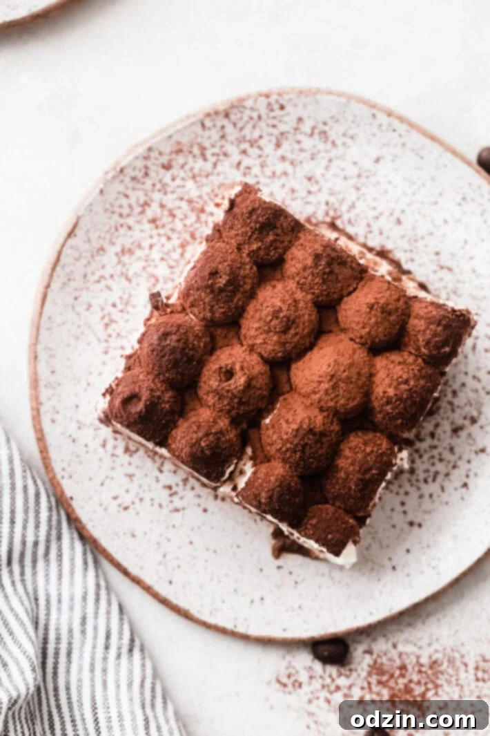 Top shot of a square of tiramisu on a speckled plate, set on a white marble surface.