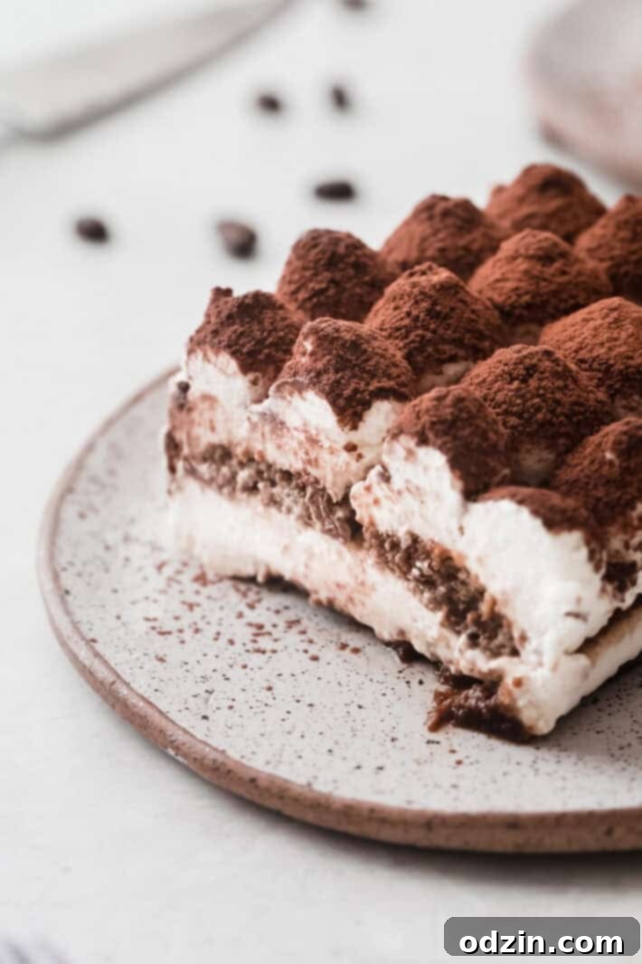 A perfect square of eggless tiramisu on a speckled plate, beautifully topped with a generous dusting of cocoa powder.