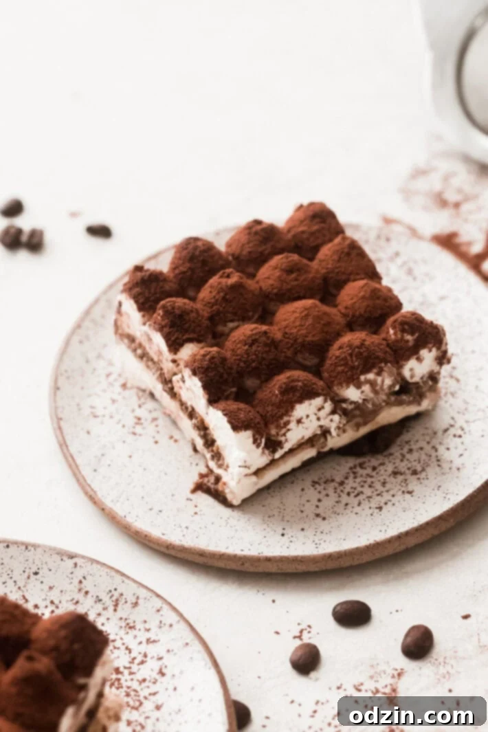 A perfectly cut square of eggless tiramisu on a speckled plate, generously dusted with cocoa powder, showcasing its beautiful layers.