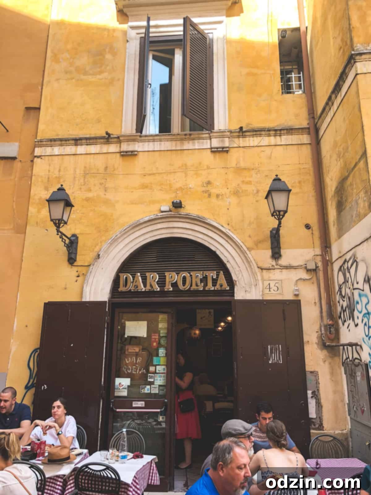 outside the iconic Dar Poeta pizza shop in Trastevere 