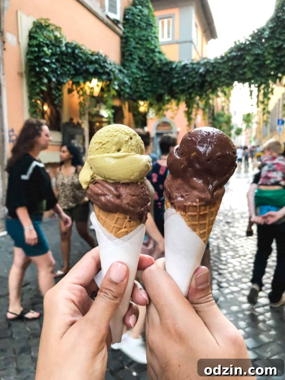 gelato cones with chocolate and pistachio gelato in Trastevere