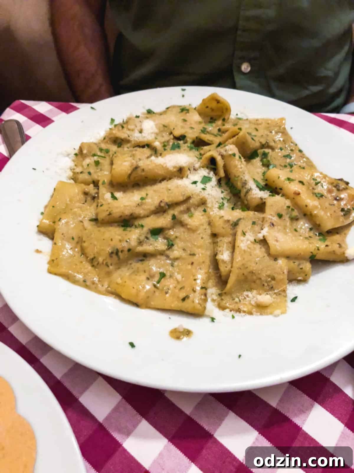 large wide pasta noodles in pesto cream sauce on checkered tablecloth