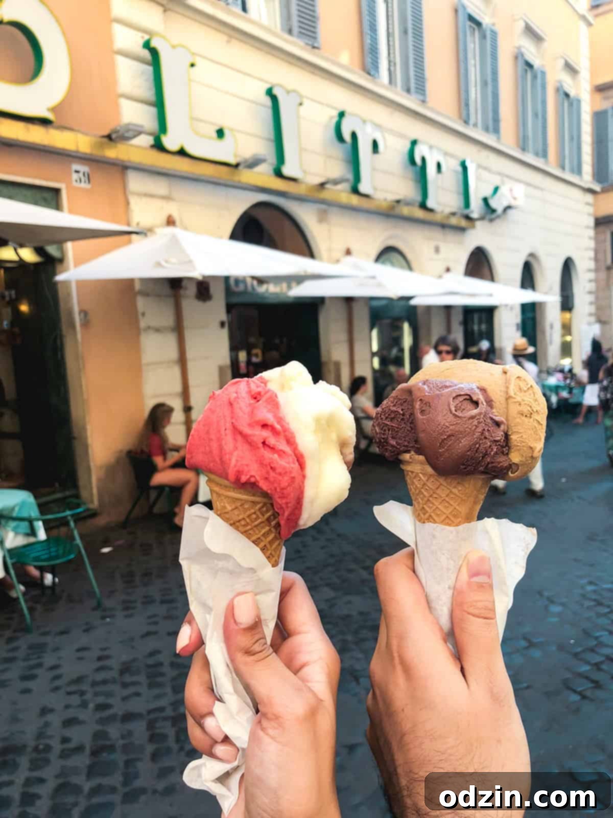 strawberry and lemon gelato for me with espresso and chocolate gelato for hubby from Giolitti 