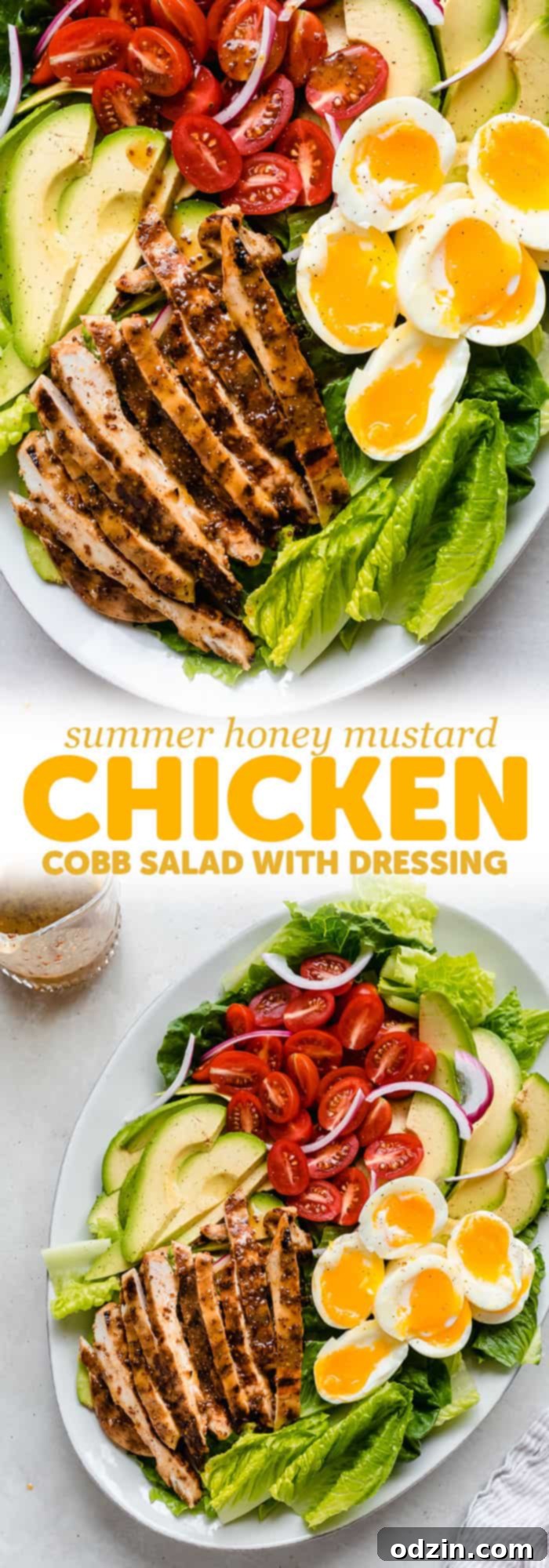 Long image with two combined photos of Honey Mustard Chicken Cobb Salad for Pinterest, highlighting key ingredients and finished dish.
