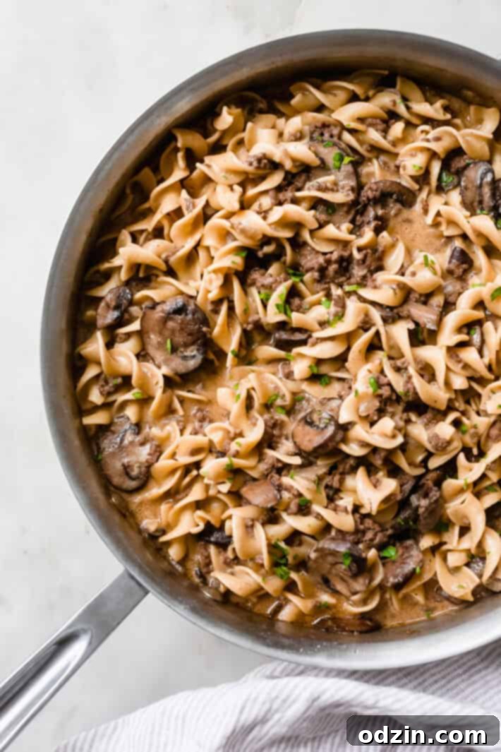 skillet with prepared ground beef stroganoff
