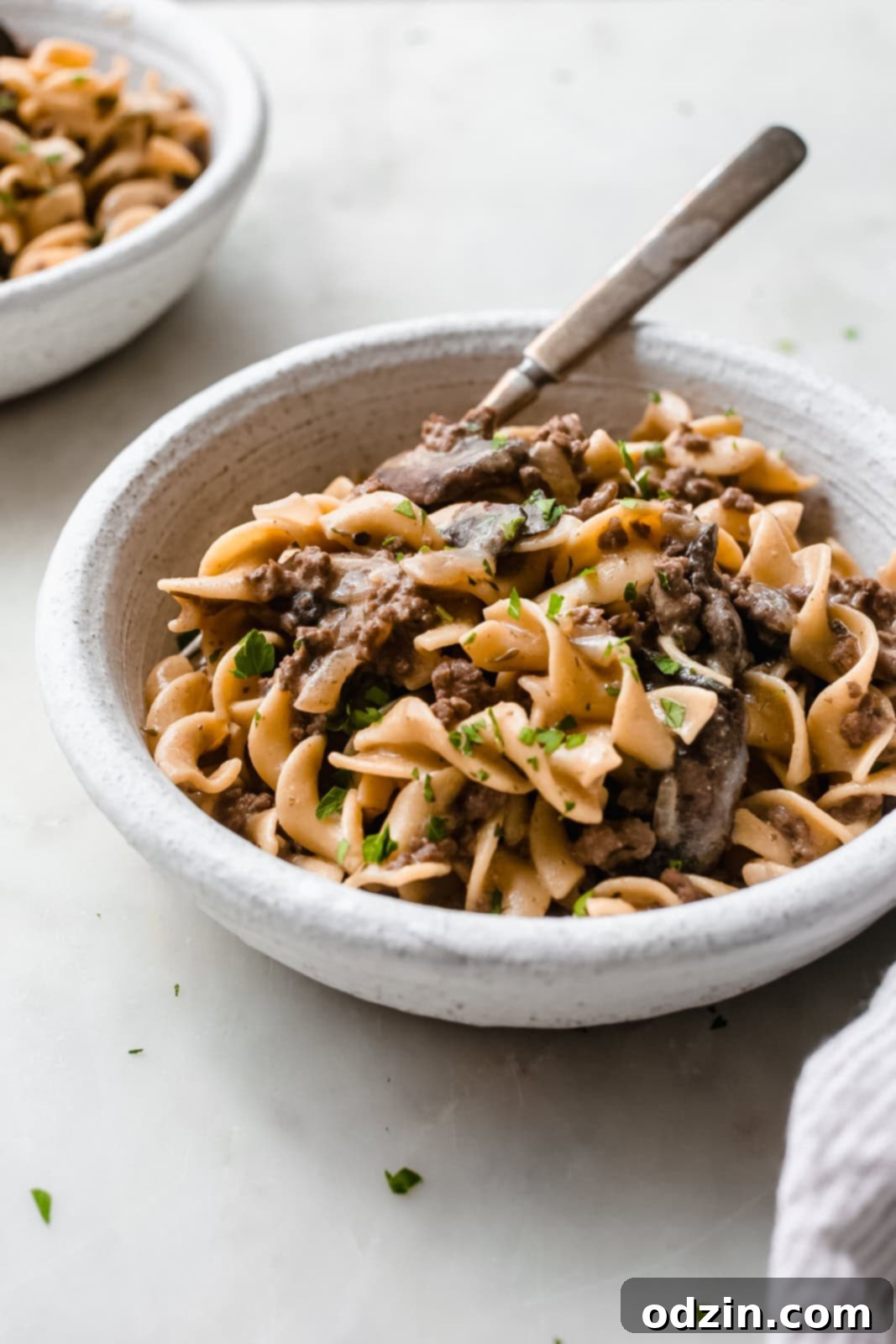 egg noodles with ground beef in a white bowl on white marble