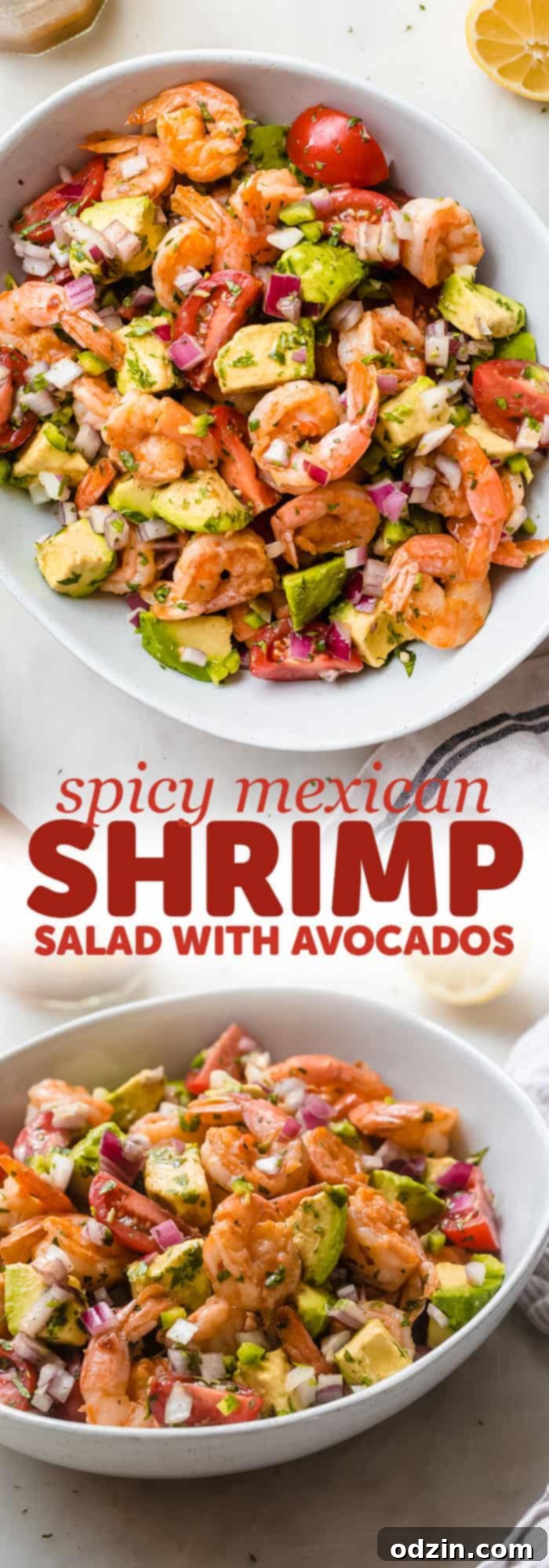 Long Pinterest-optimized image with two compelling visuals and text for sharing the Mexican Shrimp Salad recipe