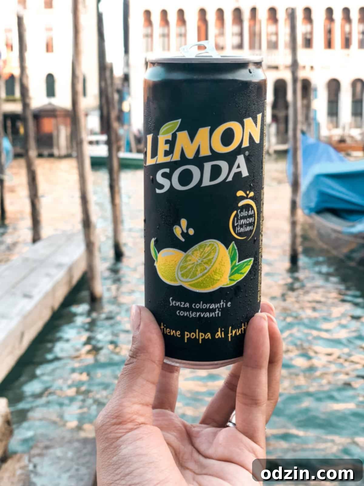 a can of lemon soda with water in the background