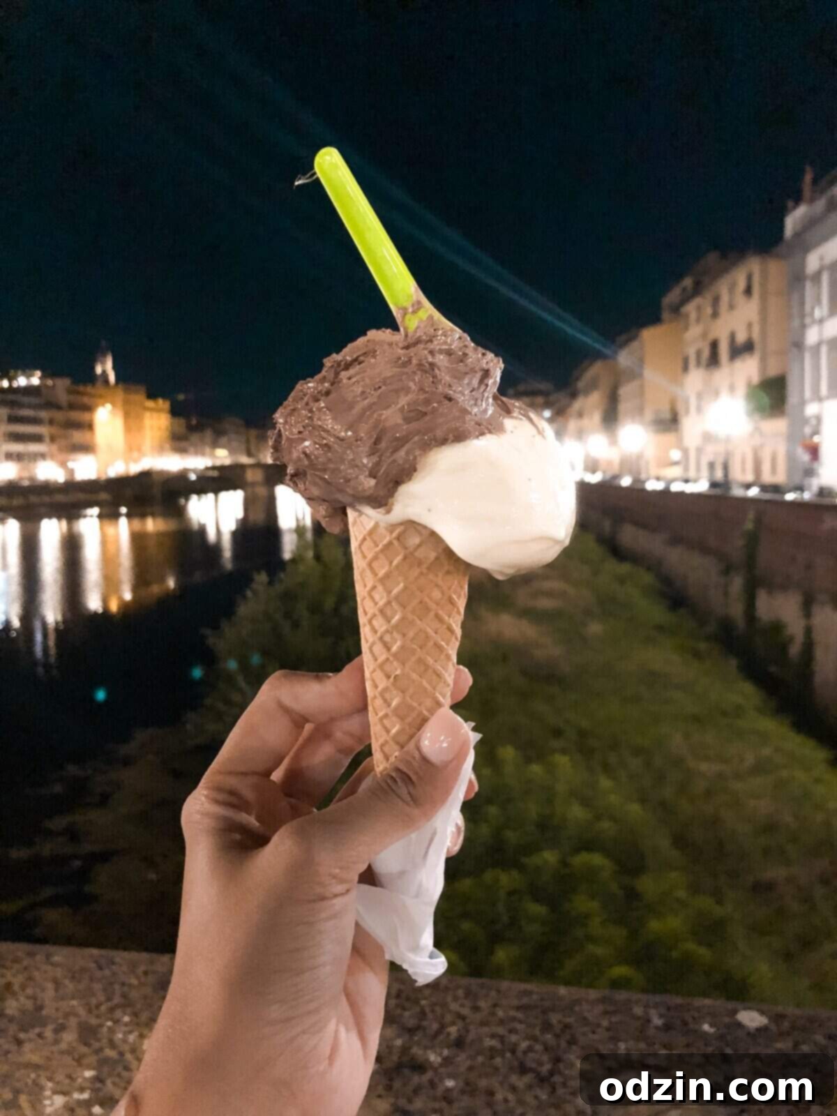 chocolate mousse with vanilla gelato on cone