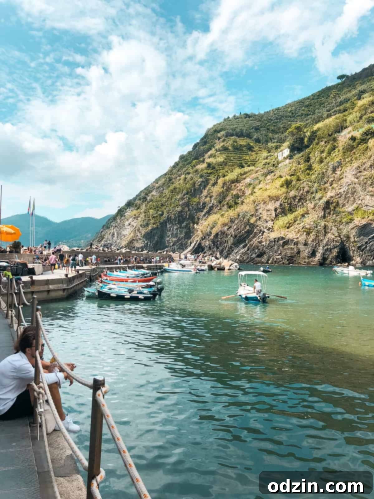 the water near Vernazza with boats and a large cliff