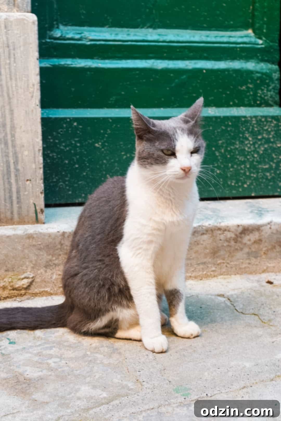 grey and white cat in front of a green door