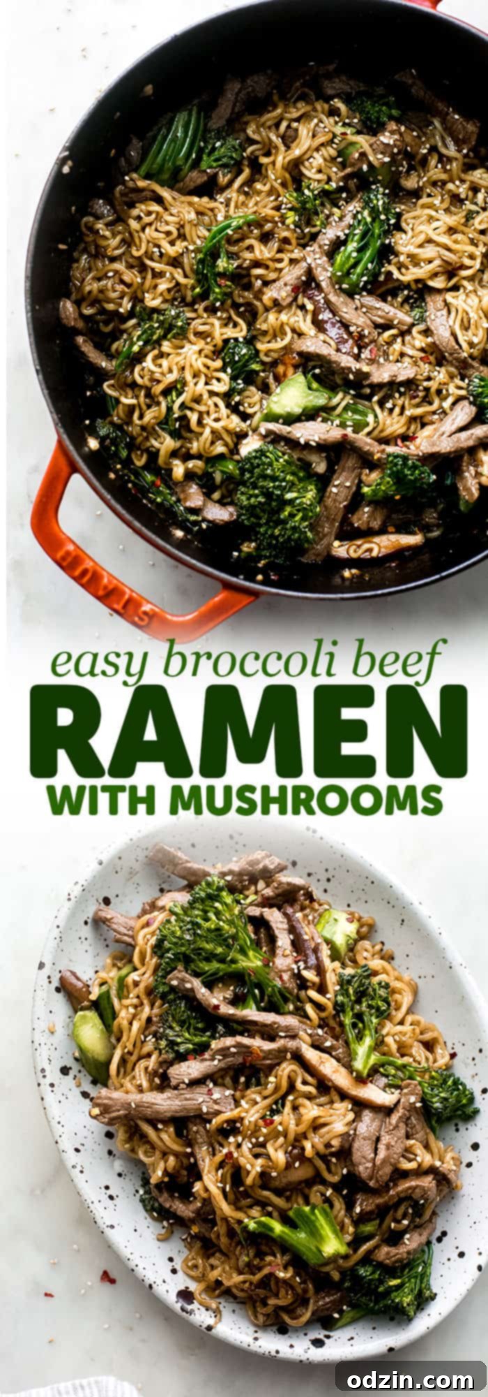 long image with two images combined with words for the sole purpose of pinning on Pinterest: Mushroom Broccoli Beef Ramen - Learn how to make a quick and easy weeknight-friendly stir-fried broccoli beef ramen with mushrooms that the whole family will love! #ramen #ramenstirfry #broccolibeef #broccolibeeframen #easydinner #dinnerrecipes | Littlespicejar.com