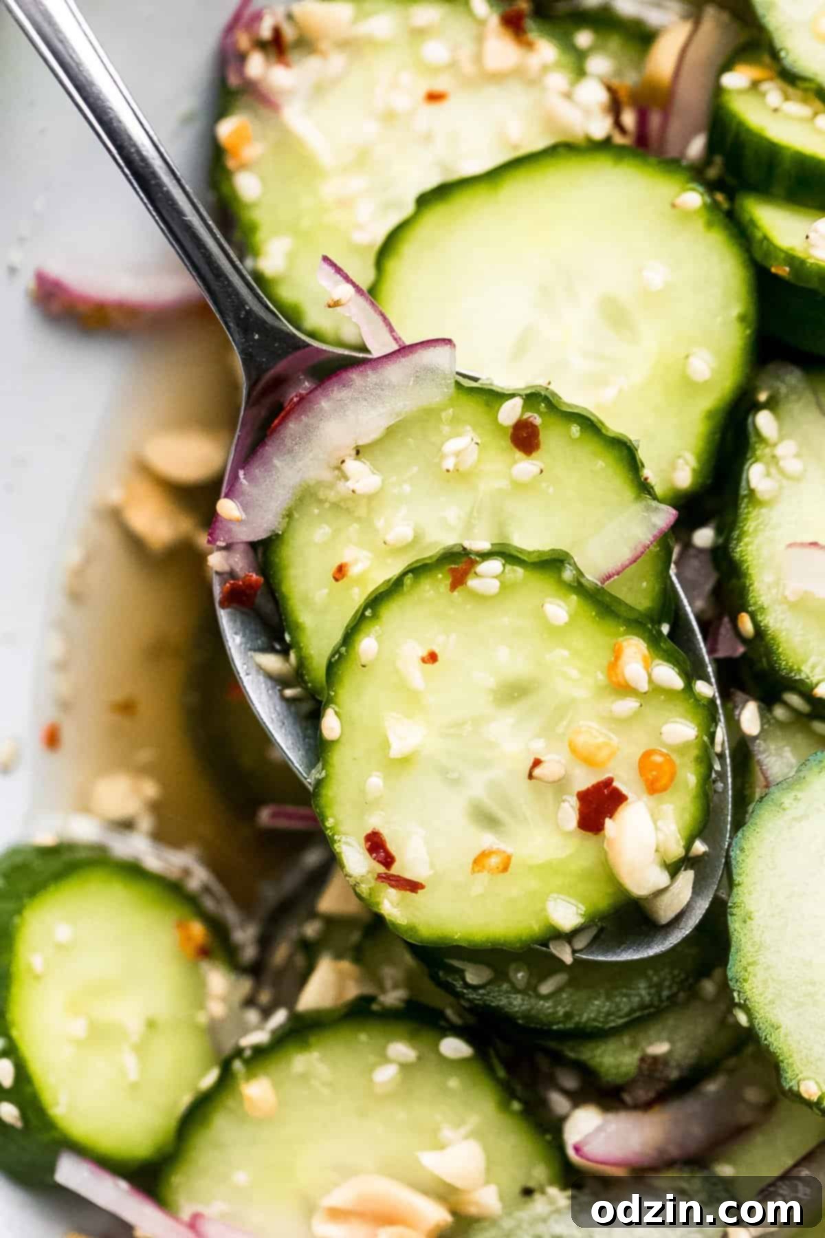 close up of Persian cucumber salad topped with red pepper flakes, sesame seeds, and red onions