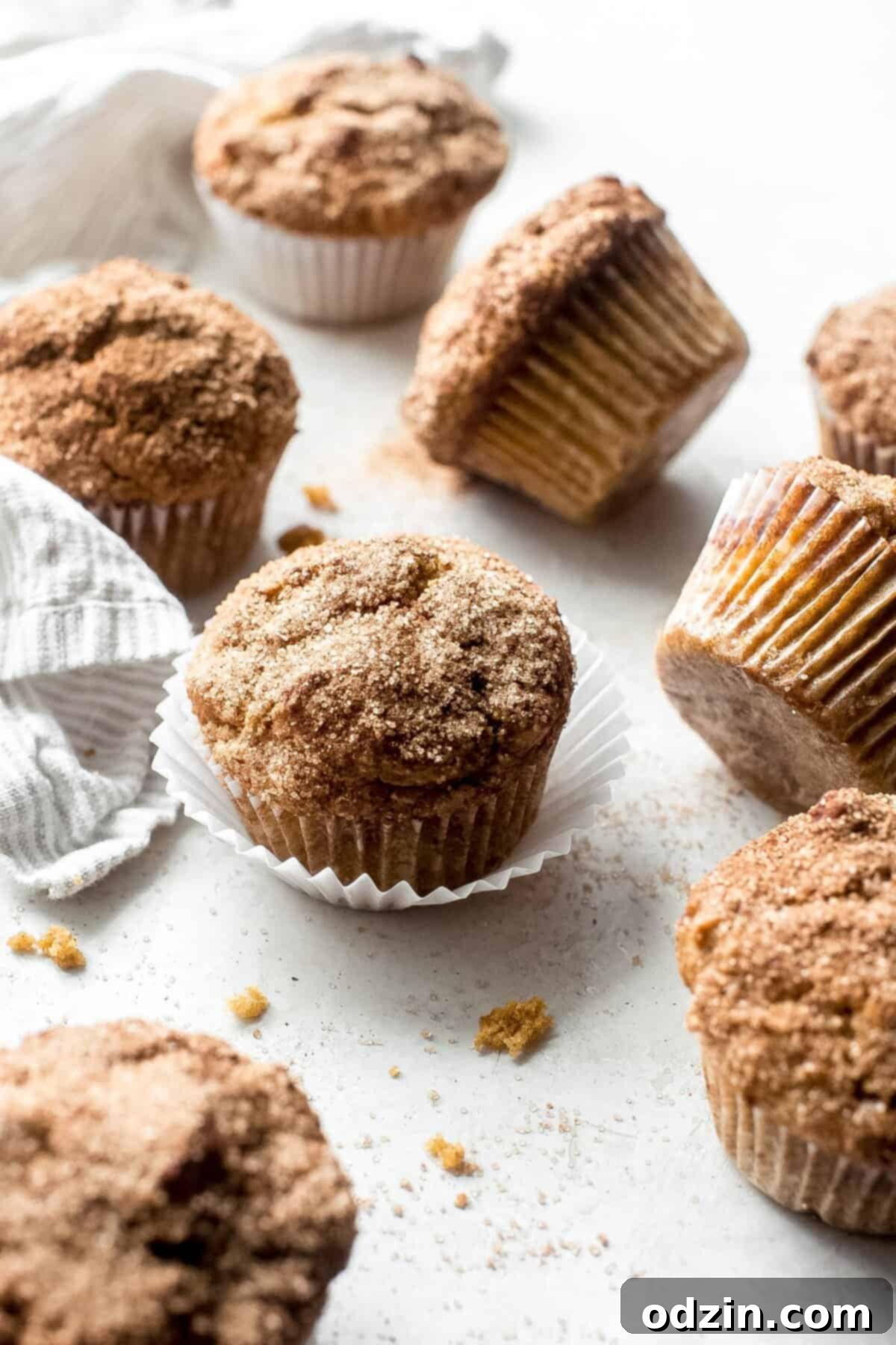Cinnamon Sugar Pumpkin Muffins 5 scattered muffin paper-lined pumpkin snickerdoodle muffins on a white surface