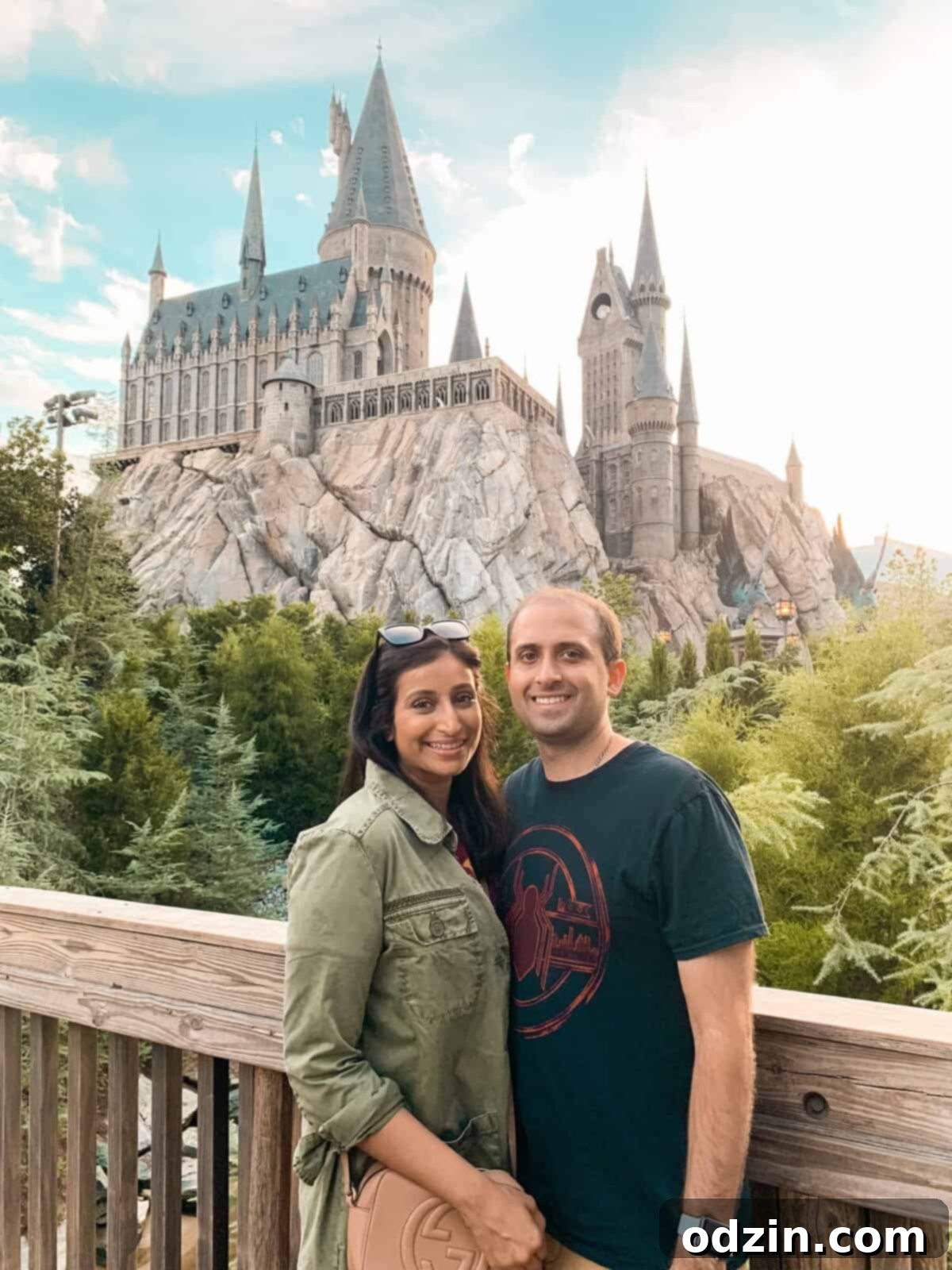 Maximize Your Wizarding World Experience 11 a picture of hubby and me outside Hogwarts at Wizarding World of Harry Potter