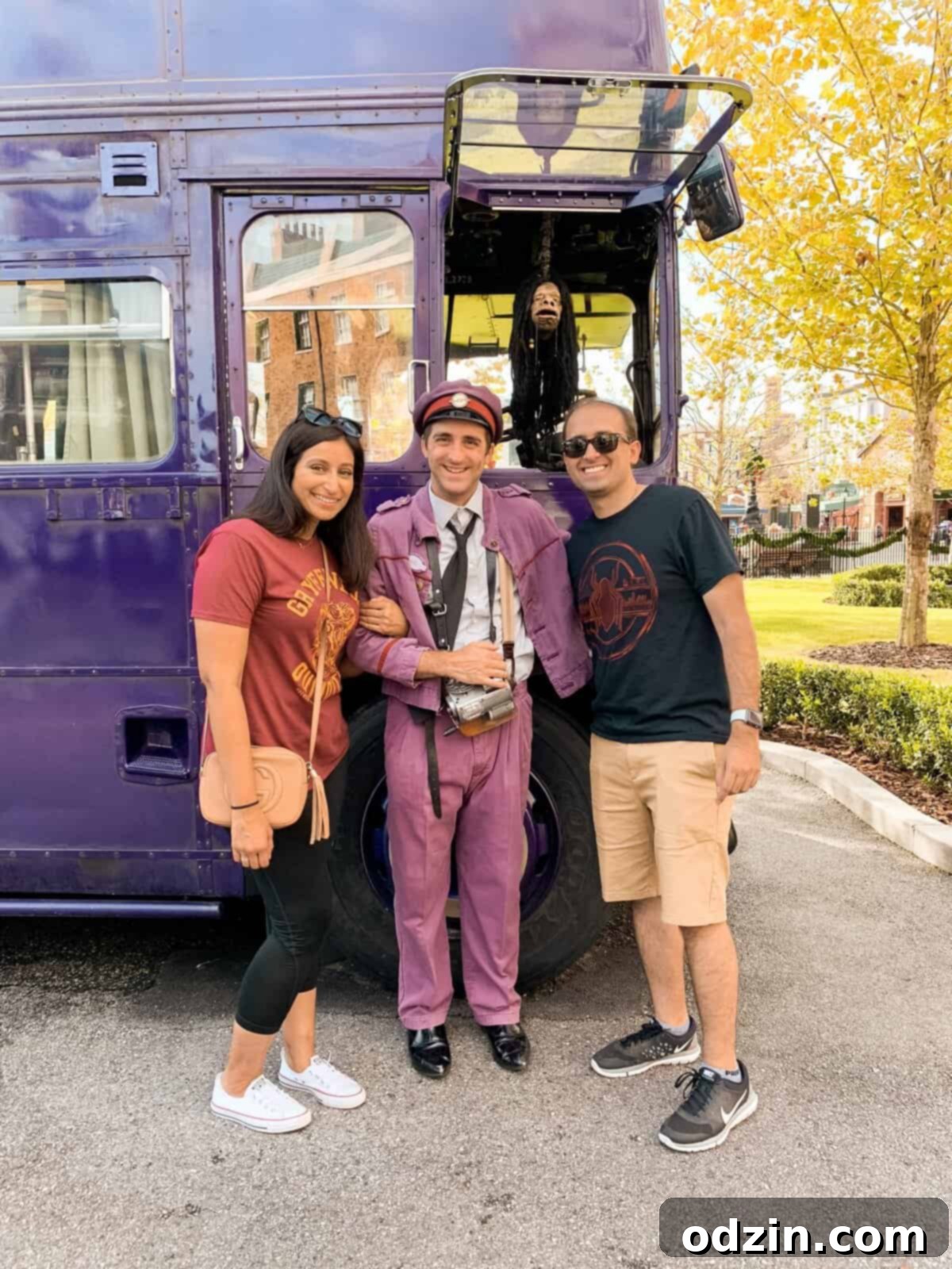 Maximize Your Wizarding World Experience 5 Picture of me and hubby with Stan of the Nightbus at Harry Potter World Universal Studios Orlando