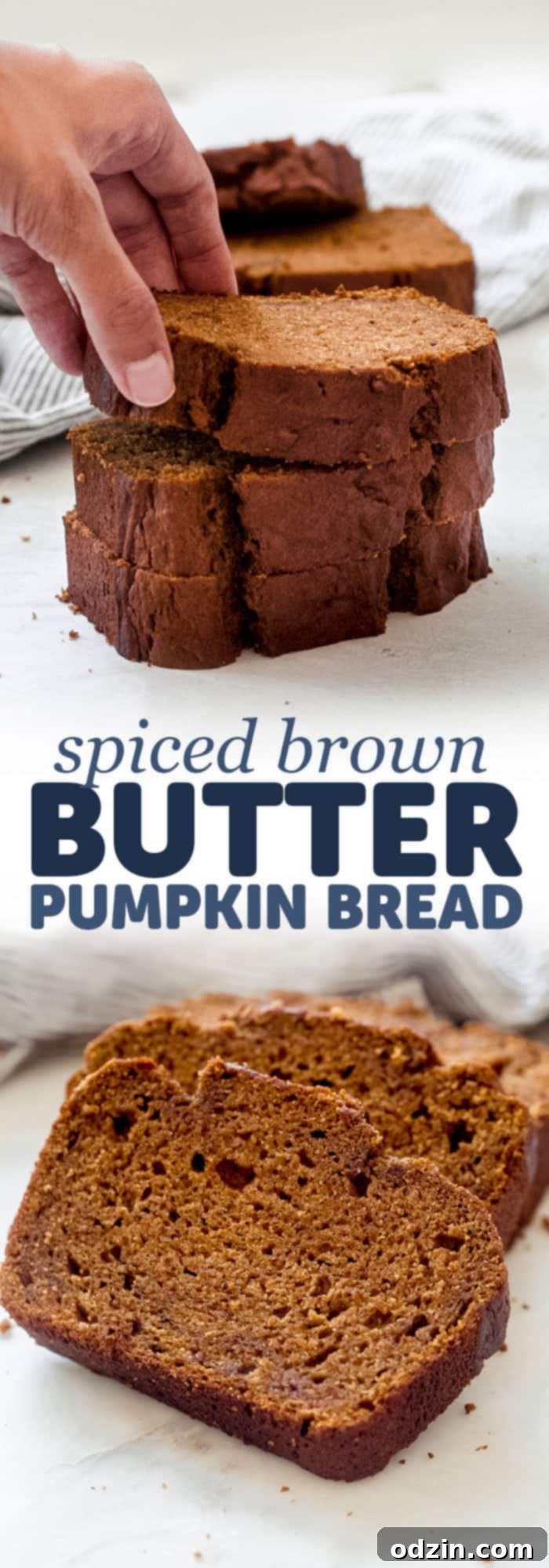 a long Pinterest-friendly image with combined photos and text for Spiced Brown Butter Pumpkin Bread