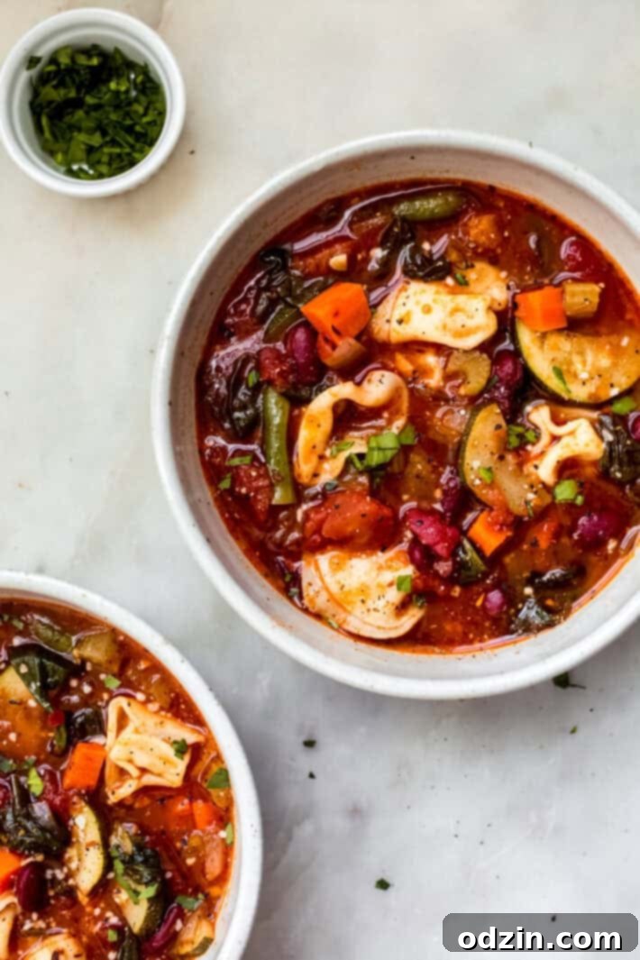Fire-Roasted Tortellini Minestrone Soup - a quick and hearty take on the traditional minestrone. Mine is a stove-top version that uses tortellini instead of pasta. Great for boxed lunches or as a starter to dinner guests! #minestronesoup #tortellini #tortelliniminestrone #minstrone #vegetablesoup | Littlespicejar.com