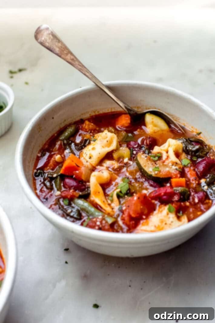 Fire-Roasted Tortellini Minestrone Soup - a quick and hearty take on the traditional minestrone. Mine is a stove-top version that uses tortellini instead of pasta. Great for boxed lunches or as a starter to dinner guests! #minestronesoup #tortellini #tortelliniminestrone #minstrone #vegetablesoup | Littlespicejar.com