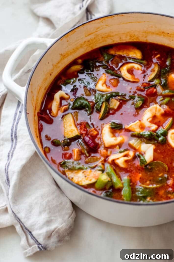 Fire-Roasted Tortellini Minestrone Soup - a quick and hearty take on the traditional minestrone. Mine is a stove-top version that uses tortellini instead of pasta. Great for boxed lunches or as a starter to dinner guests! #minestronesoup #tortellini #tortelliniminestrone #minstrone #vegetablesoup | Littlespicejar.com
