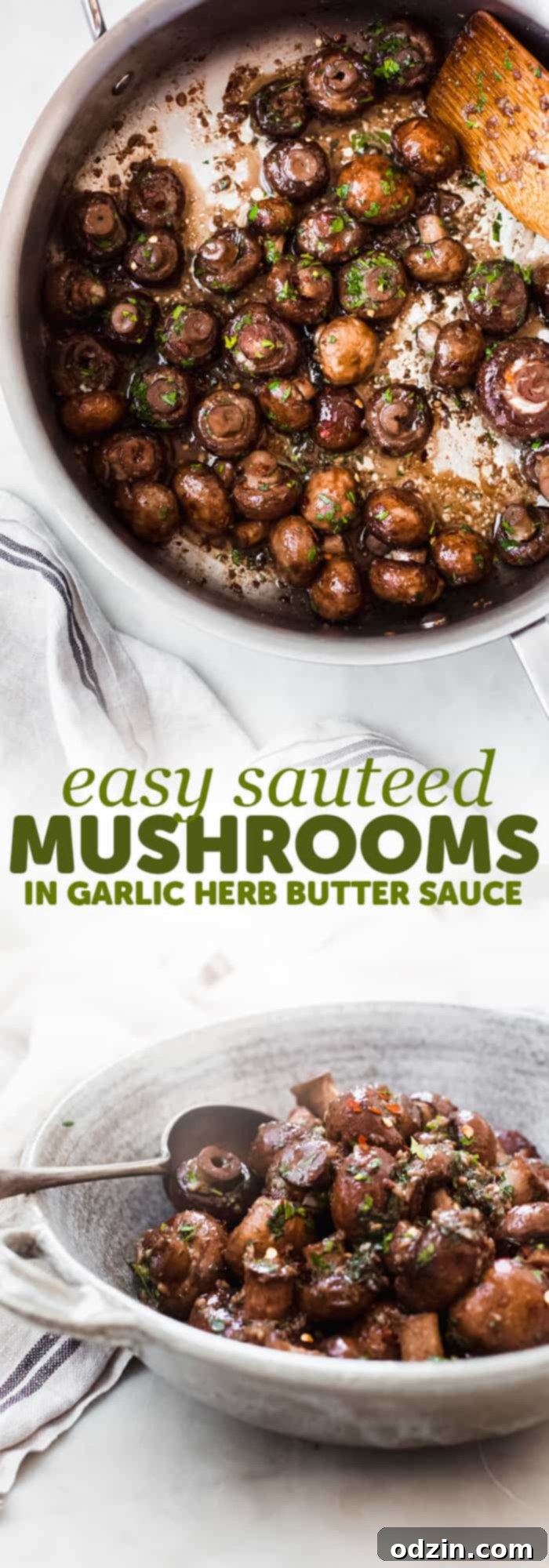 Long Pinterest graphic featuring sautéed garlic herb mushrooms, ideal for sharing on social media.