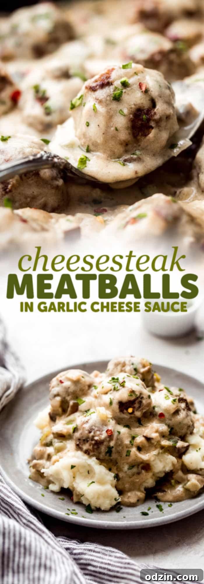 Philly Cheesesteak Meatballs with Creamy Garlic Cheese Sauce 11 long image with two images combined with words for the sole purpose of pinning on Pinterest