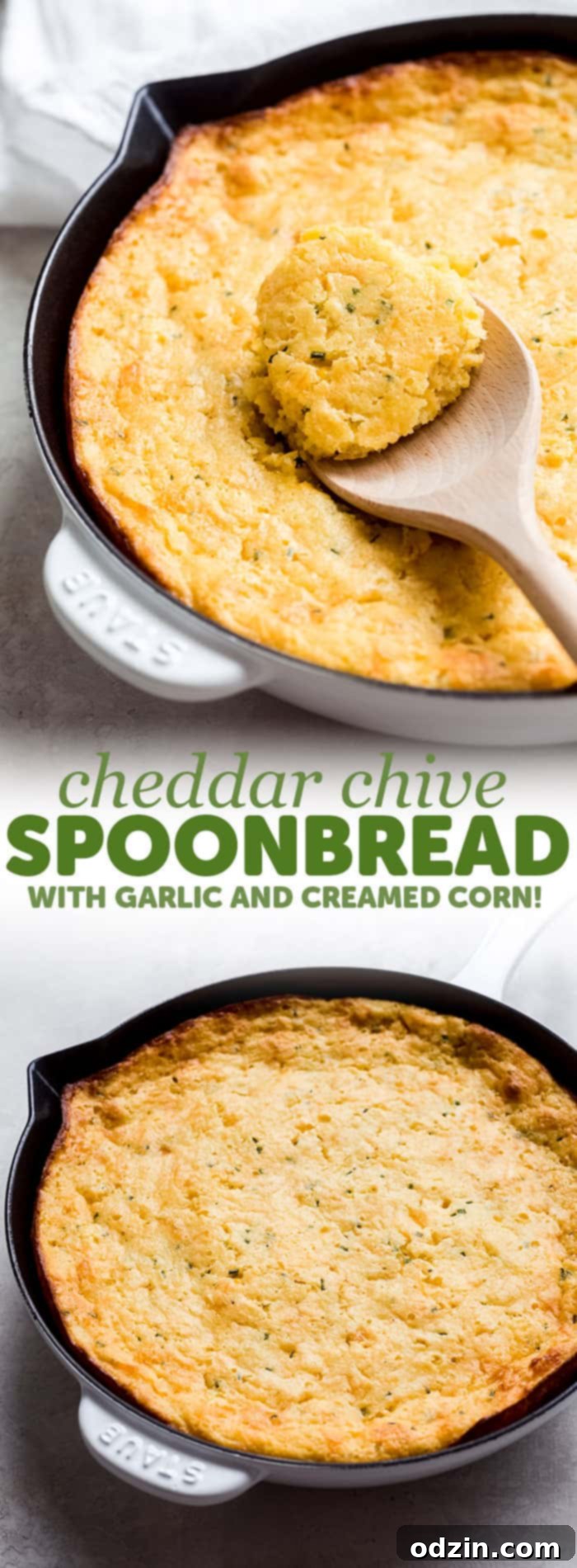 Cheesy Garlic Chive Corn Pudding 5 Long Pinterest-style image combining multiple photos of garlic cheddar chive spoonbread with recipe title and highlights.