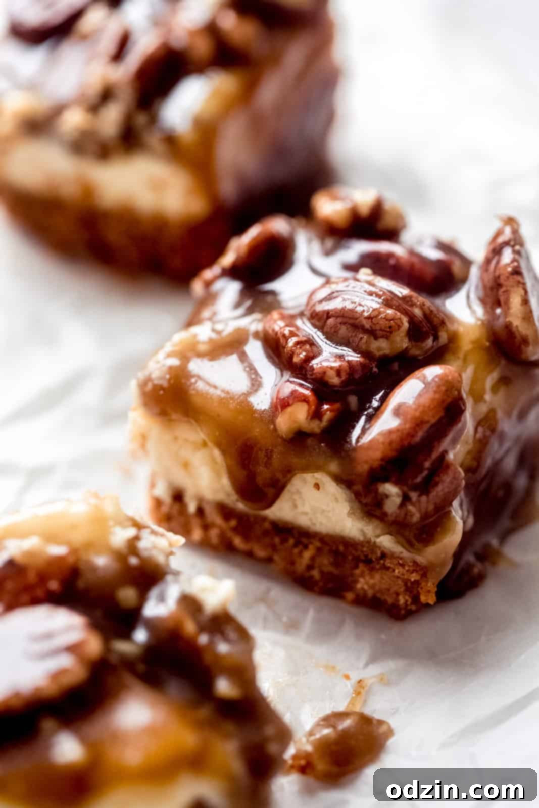 Melted caramel pecan topping glistening on a batch of cheesecake bars, emphasizing their moistness