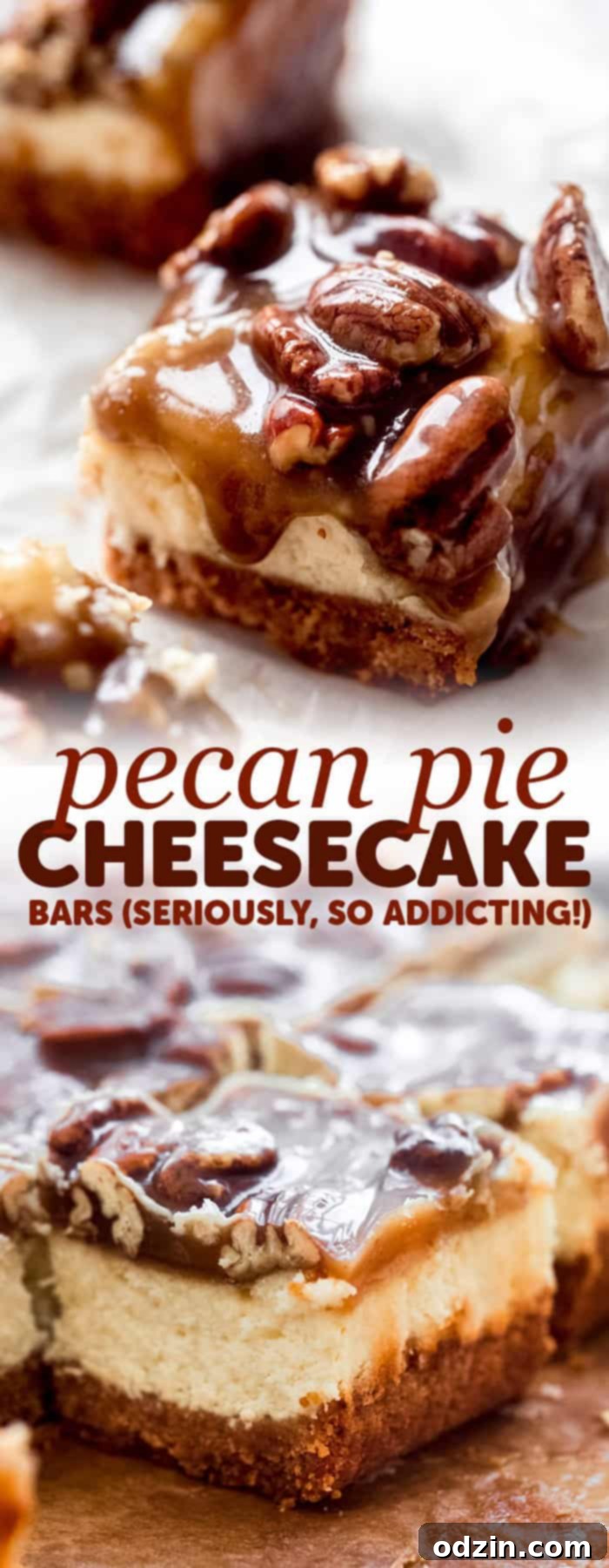 Long Pinterest pin image for Pecan Pie Cheesecake Bars recipe, combining visuals and text